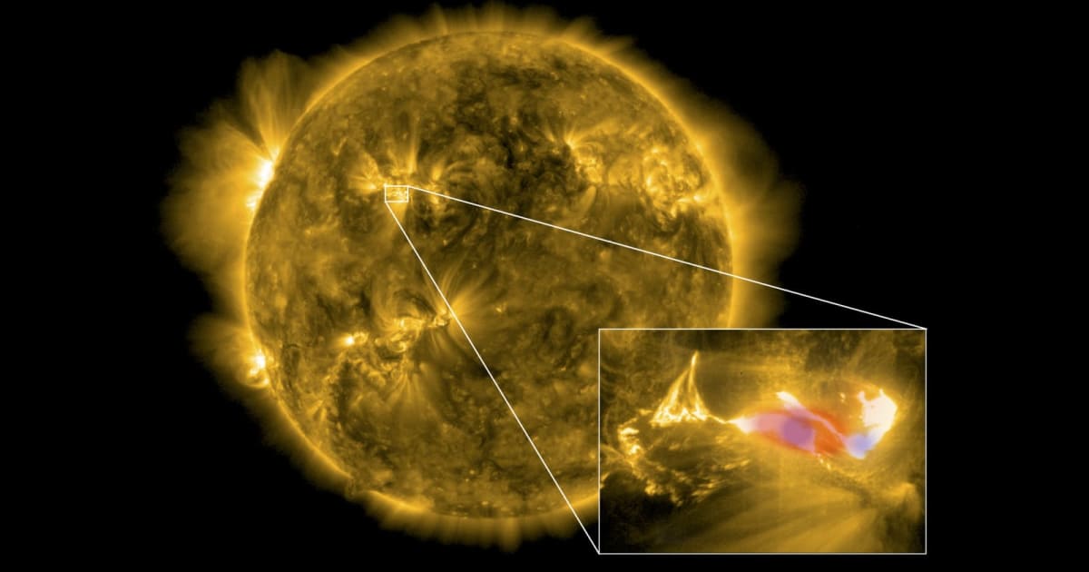 A solar flare as seen by ESA and NASA's Solar Orbiter; the blue and red colours show sources of different types of X-rays. (Cover Image Source: ESA)