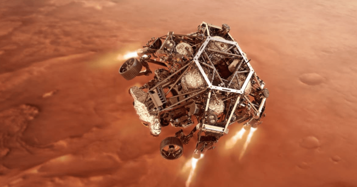 NASA’s Perseverance rover fires up its descent stage engines as it nears the Martian surface to land in the area known as Jezero crater on the planet Mars. (Representative Photo illustration by NASA via Getty Images)