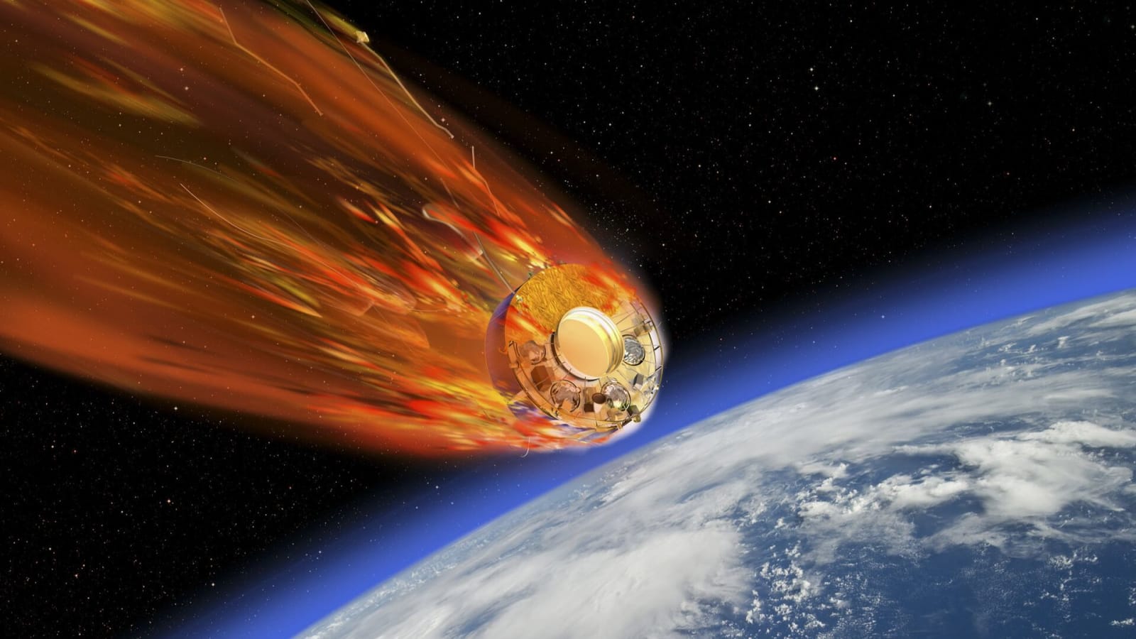 Artist's concept of a Cluster mission burning up as it reenters Earth's atmosphere at the end of its mission.
