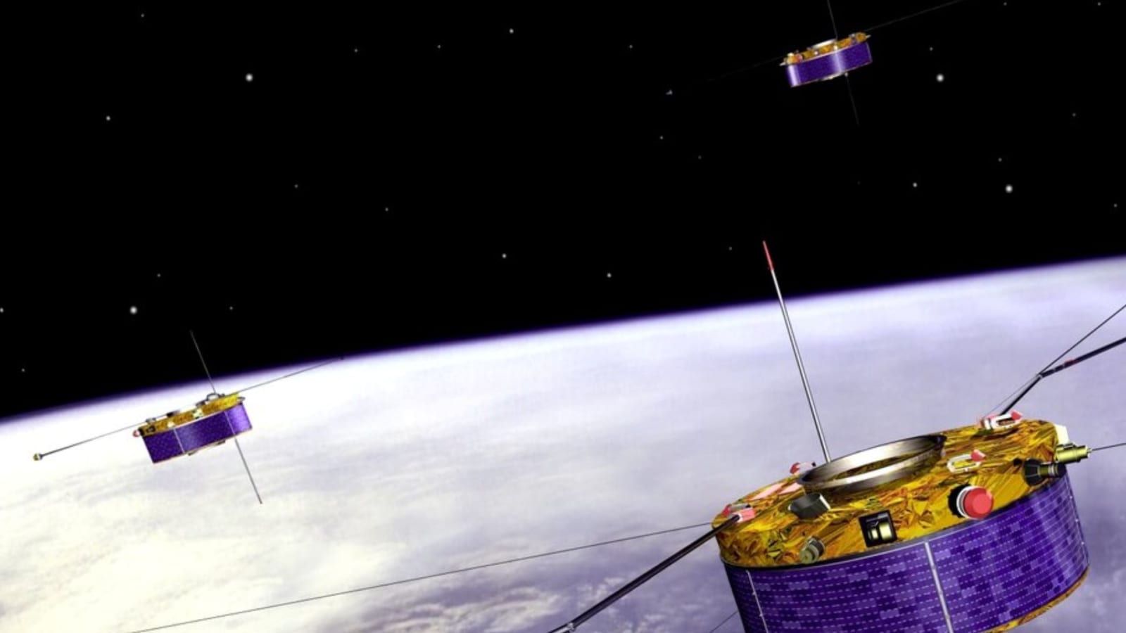 An illustration of three of the Cluster mission satellites in low-Earth orbit.