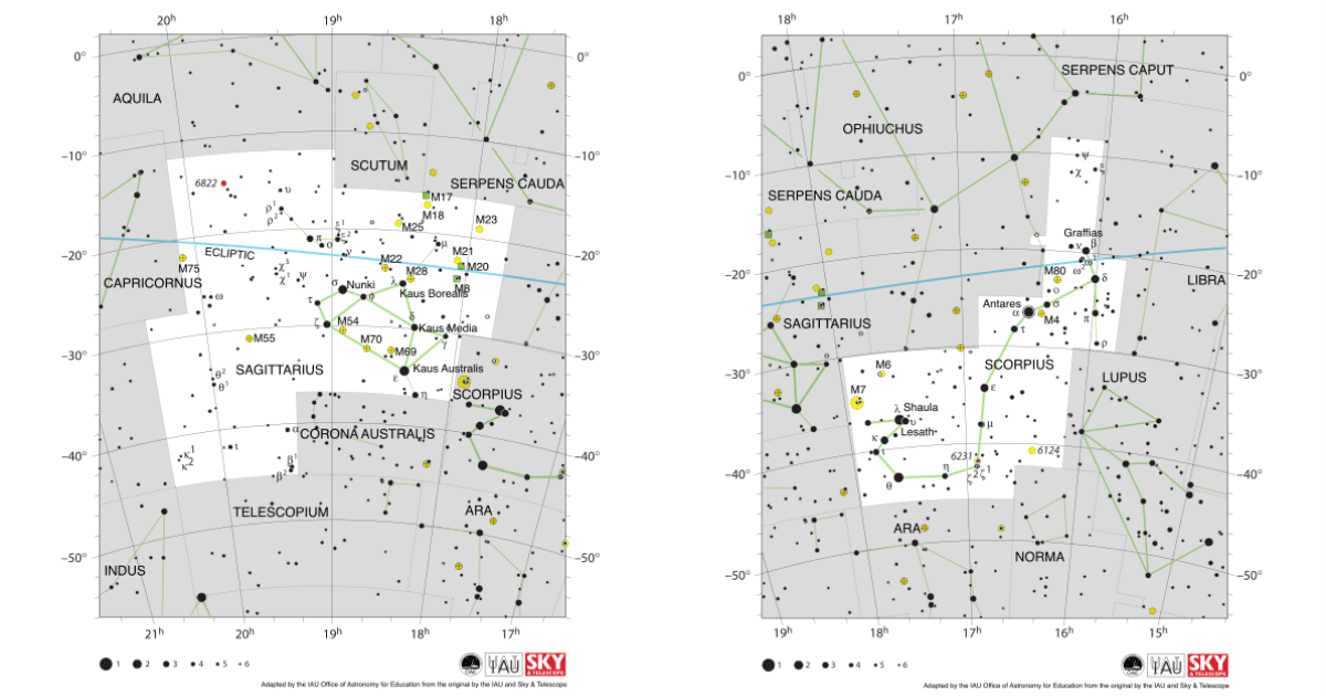 Maps of constellations Sagittarius (left, showing teapot group of stars) and Scorpius (right, with Antares) (Representative Image Source: IAU)