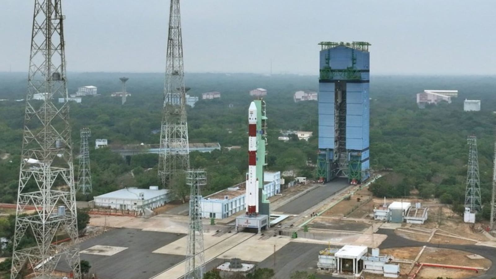 The PSLV-C62 rocket at the Satish Dhawan Space Centre launch pad prior to its launch on January 12, 2026.