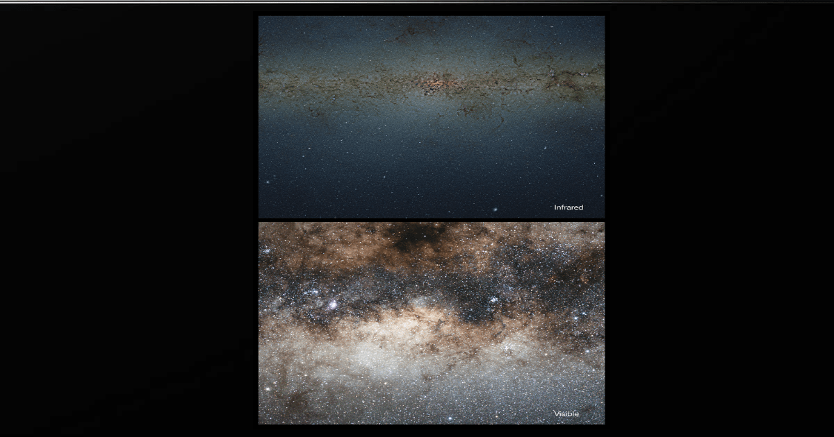A comparison of the centre of the Milky Way seen in visible and infrared light. Infrared reveals stars hidden behind dust. (Image Source: ESO/VVV Survey/D. Minniti/Serge Brunier; Acknowledgement: Ignacio Toledo, Martin Kornmesser