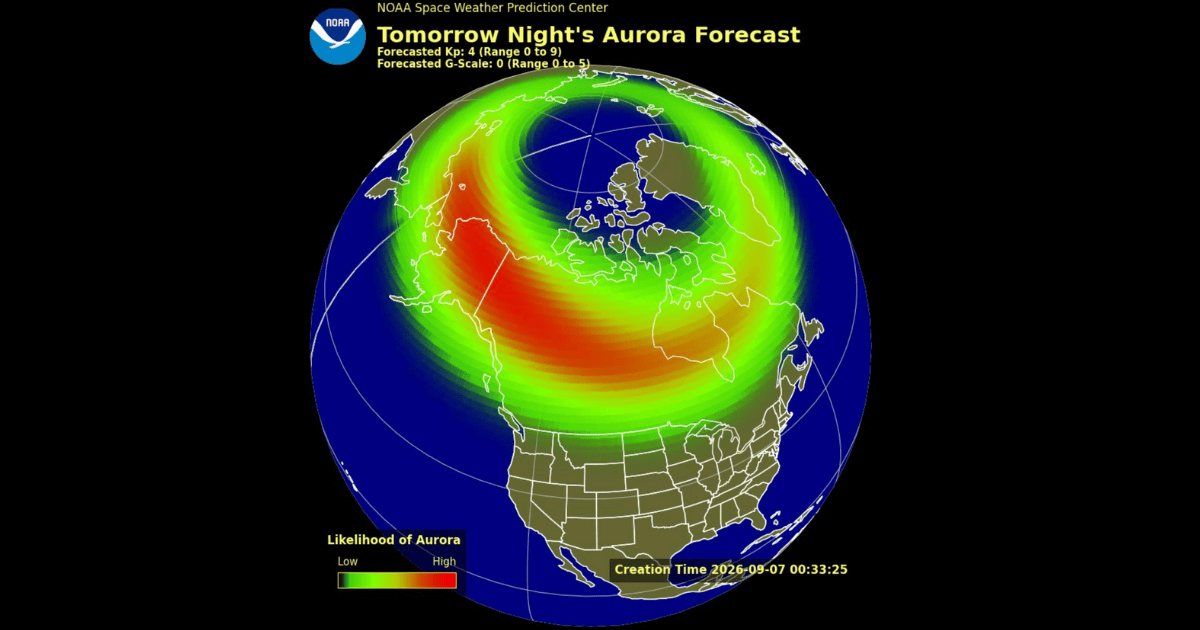 NOAA illustration of the extent of aurora visibility on September 8, 2026. (Representative Image Source: NOAA)