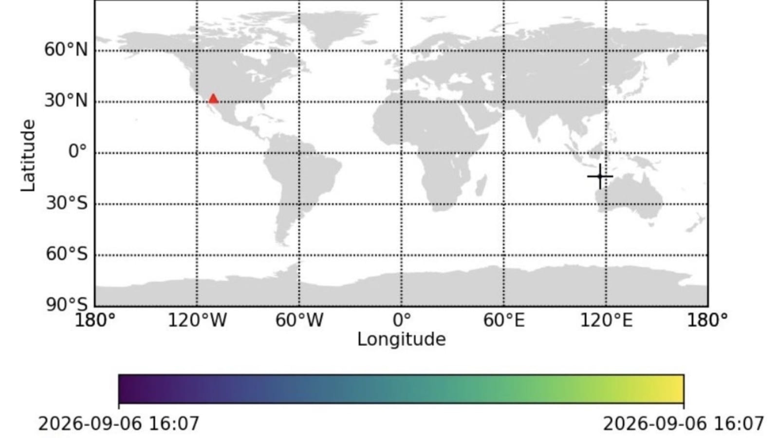 Map showing the asteroid CERNQ52's predicted impact region above Australia.