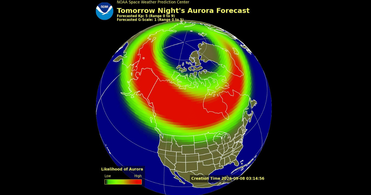 The visibility extent of aurora during the latter hours of September 8 and early hours of September 9, 2026. (Representative Image Source: NOAA SWPC)