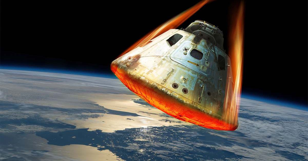 A space capsule reenters the Earth's atmosphere as its heat shield glows from the heat of friction and burns. (Representative Cover Image by Marc Ward / Stocktrek Images / Getty Images)