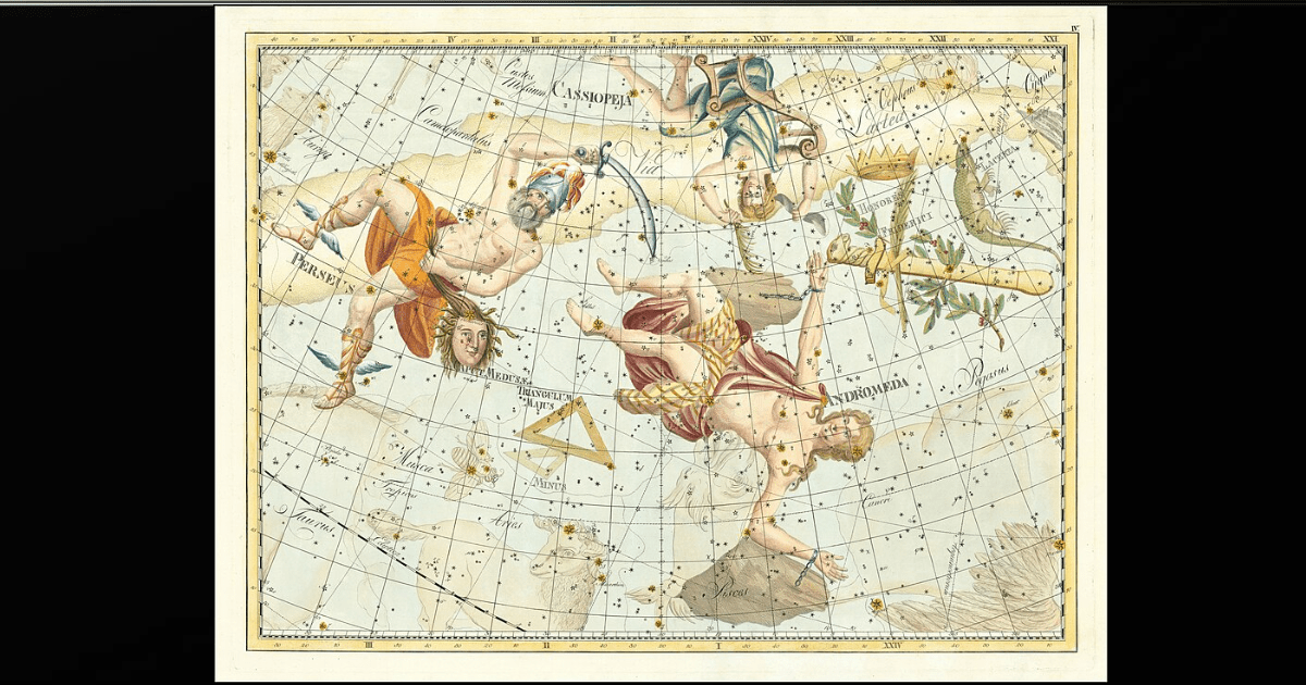 Cassiopeia, Perseus and Andromeda depicted together in an 1801 celestial map.  (Image Source: Johann Elert Bode, 1801 —  Wikimedia Commons)