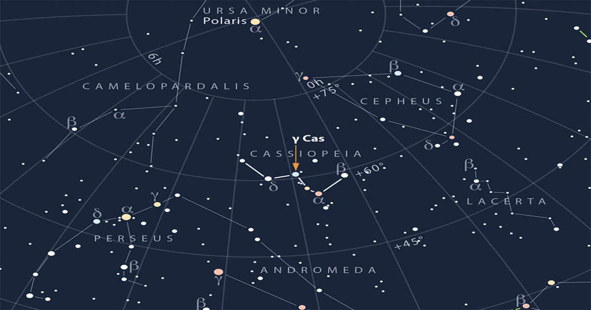 Sky chart showing the W-shaped Cassiopeia constellation and the location of Gamma Cassiopeiae.  (Image Source: Astronomy Now / Greg Smye-Rumsby — ESA)