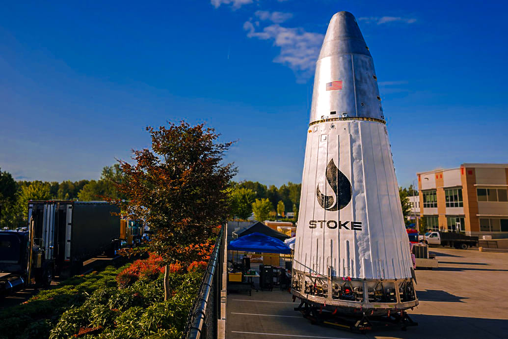 The Andromeda second stage of the Nova Pathfinder rocket at Stoke Space's rocket factory in Kent, Washington.