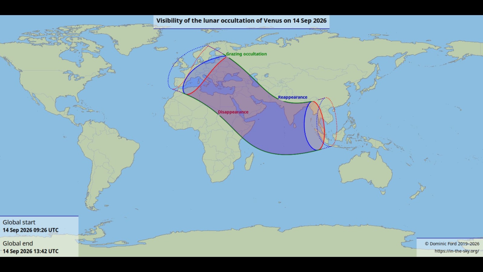 Map showing regions the lunar occultation of Venus will be visible on September 14. The rest of the world will see a conjunction of Venus with the Moon.
