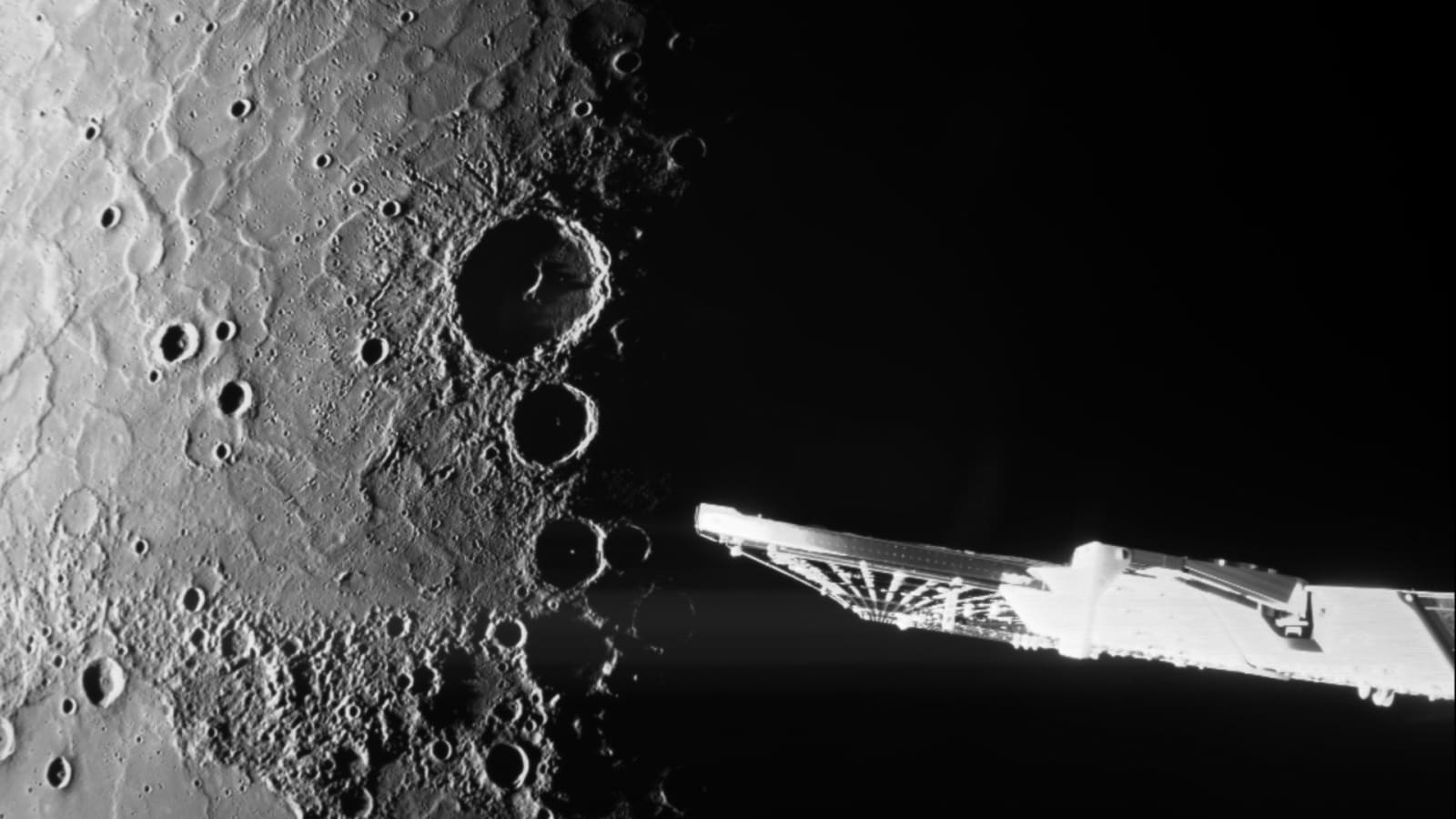 Mercury's shadowy north pole revealed by BepiColombo's M-CAM 1 during one of its flybys.