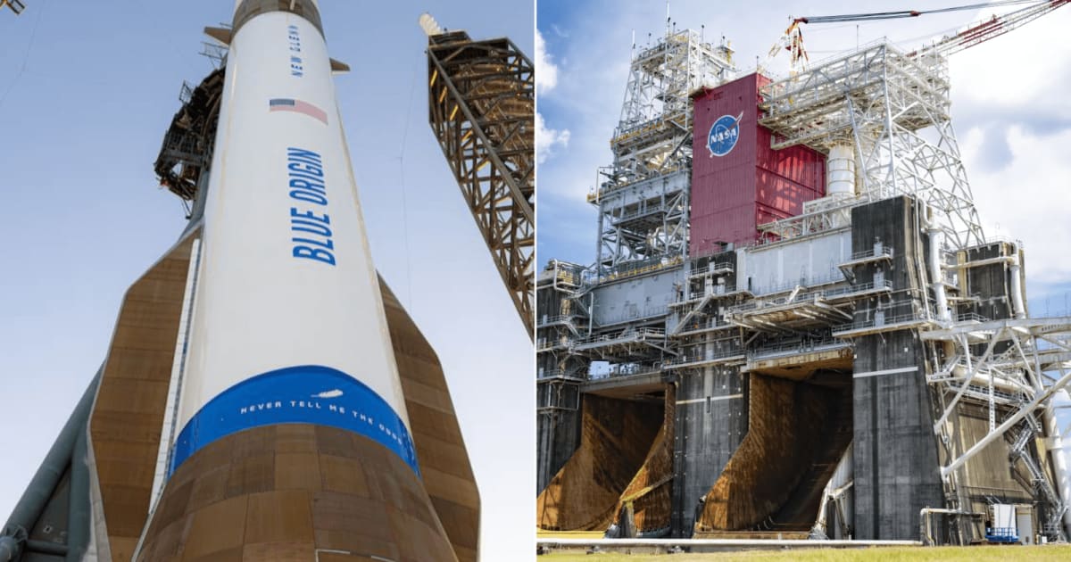 (L) New Glenn on the launch pad at LC-36 ahead of the NG-2 mission.(R) The B-1 and B-2 test stands at NASA’s Stennis Space Center near Bay St. Louis, Mississippi. (Cover Image Source: Blue Origin; NASA/Danny Nowlin