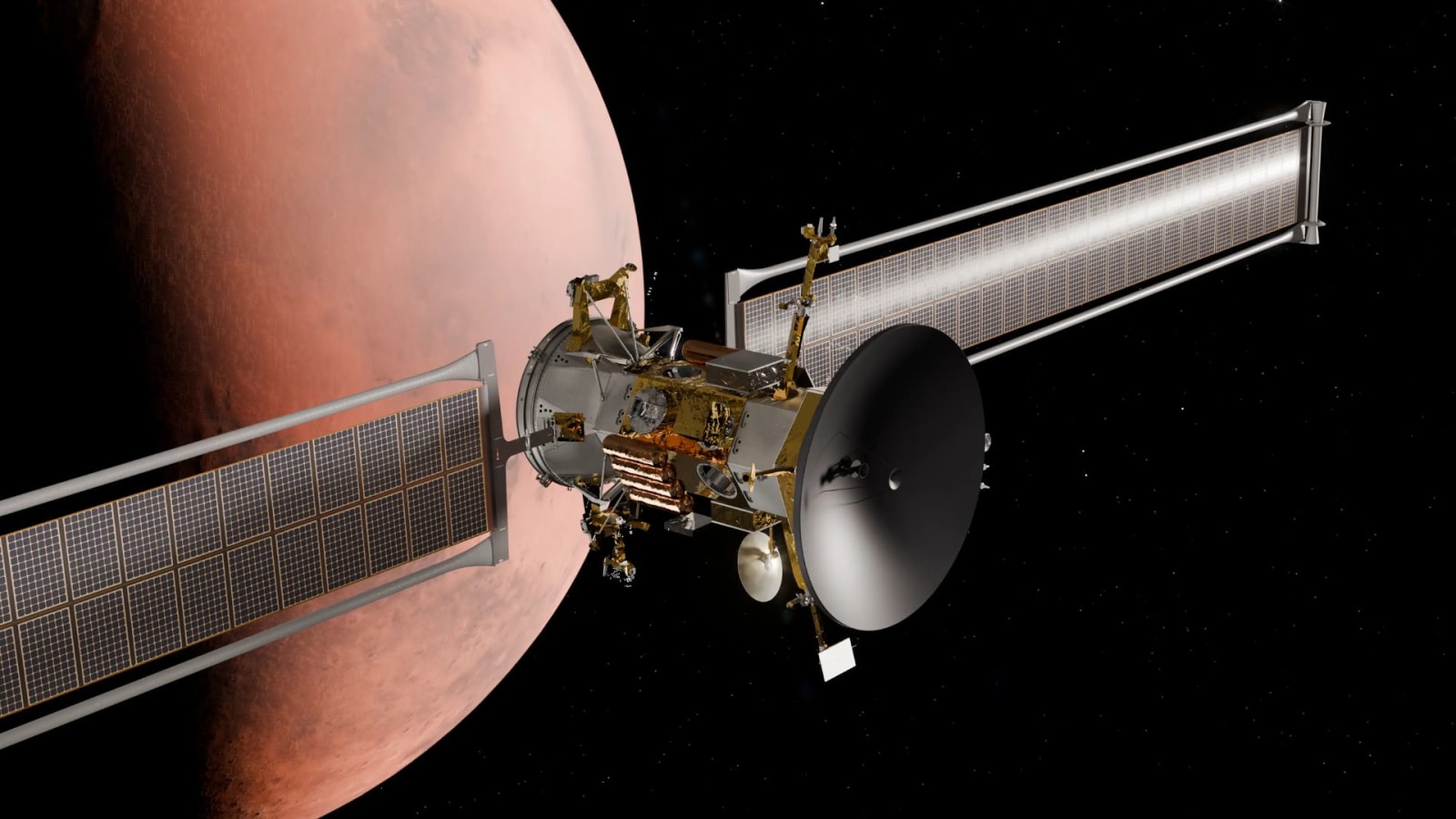 An illustration of Blue Origin's Mars Telecommunications Orbiter in Martian orbit.