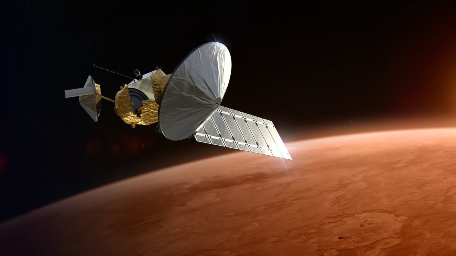 Artist's concept of Rocket Lab's Mars Telecommunications Orbiter in the orbit of Mars.