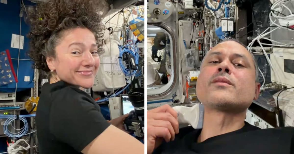 NASA astronaut Jessica Meir (L) assisting fellow crew member Anil Menon (R) during an ultrasound aboard the ISS. — (Cover Image Source: X@astro_anil)