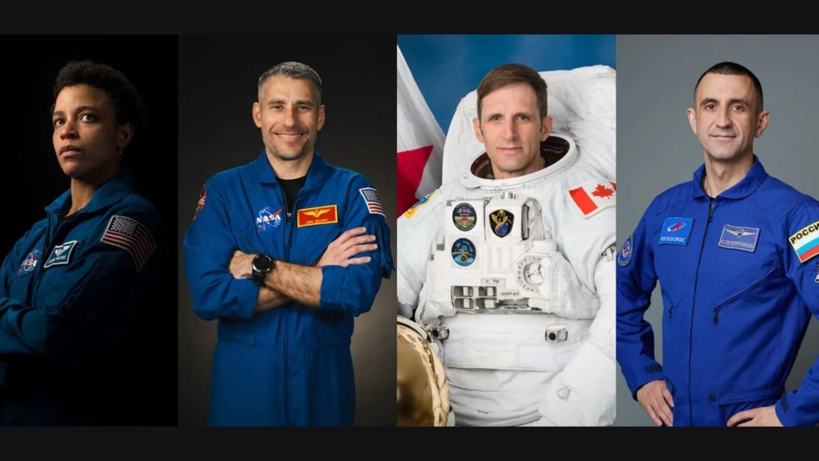 Members of NASA's Crew-13 Jessica Watkins, Luke Delaney, Joshua Kutryk, and Sergey Teteryatnikov (from left to right).
