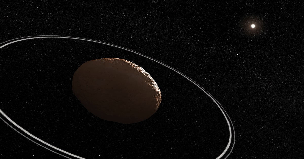 An artist’s illustration of Chariklo, a distant icy Centaur orbiting between Saturn and Uranus, showing its two narrow rings surrounding the small planetary body. [Cover Image Source: NASA, ESA, CSA, Leah Hustak (STScI)]