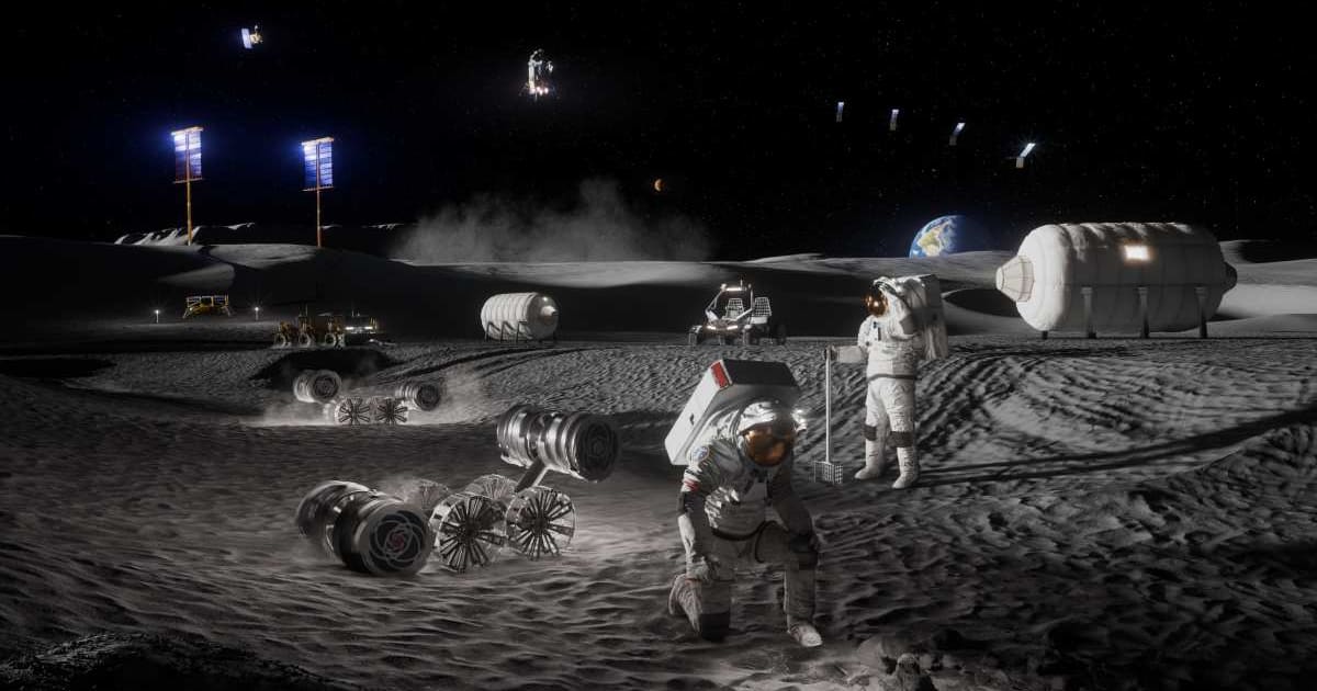 Artist’s rendering of astronauts, habitats, rovers, power systems, and cargo operations supporting a sustained Moon base near the lunar south pole. (Representative Cover Image Source: NASA) 