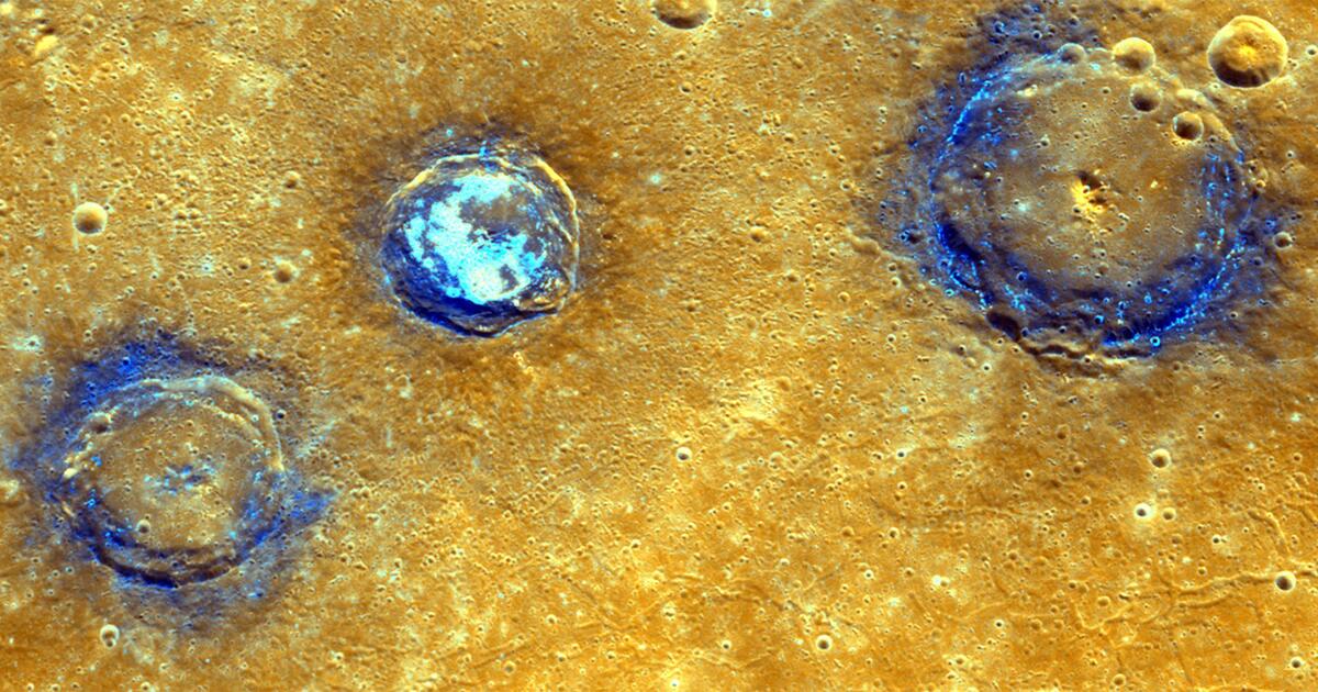 Enhanced-color view of Munch, Sander and Poe craters on Mercury, showing smooth volcanic plains across the Caloris basin. (Image Source: NASA/JHU-APL/Carnegie Institution of Washington)