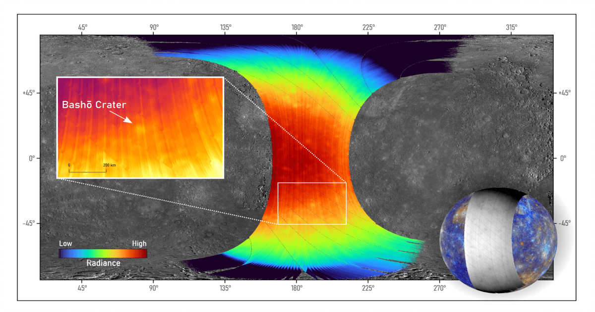 BepiColombo’s MERTIS instrument captured Mercury in thermal infrared during its fifth flyby, revealing variations in infrared radiation across the planet’s surface.  (Image Source: MERTIS/DLR/University of Münster & NASA/Johns Hopkins University Applied Physics Laboratory/Carnegie Institution of Washington)