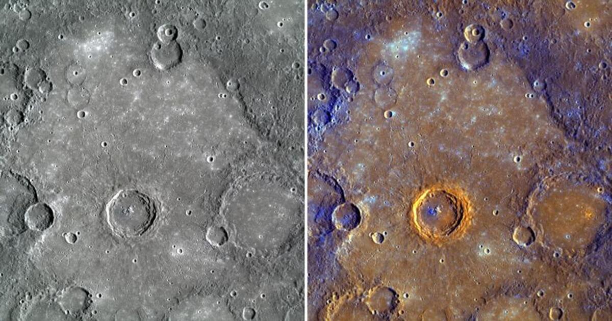 Volcanic plains surrounding Rudaki crater on Mercury, photographed by NASA’s MESSENGER spacecraft.  (Image Source: NASA/Johns Hopkins University Applied Physics Laboratory/Carnegie Institution of Washington)