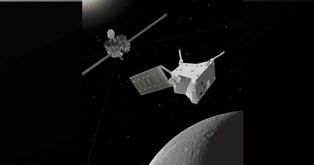 An artist’s impression of the BepiColombo spacecraft approaching Mercury, where its two science orbiters will study the planet’s surface and interior. (Image Source: Spacecraft: ESA/ATG medialab; Mercury: NASA/JPL)