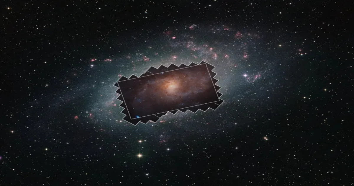 The Triangulum Galaxy (M33) shown in a wide-field view, with the region covered by the NASA/ESA Hubble Space Telescope survey highlighted at the centre. (Image Source: NASA, ESA, Digitized Sky Survey 2; Acknowledgement: Davide De Martin)