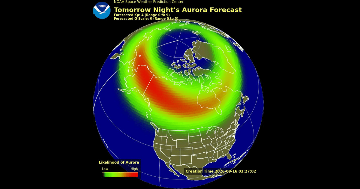Extent of aurora visibility on Wednesday night, or September 16, 2026. (Representative Image Source: NOAA SWPC)