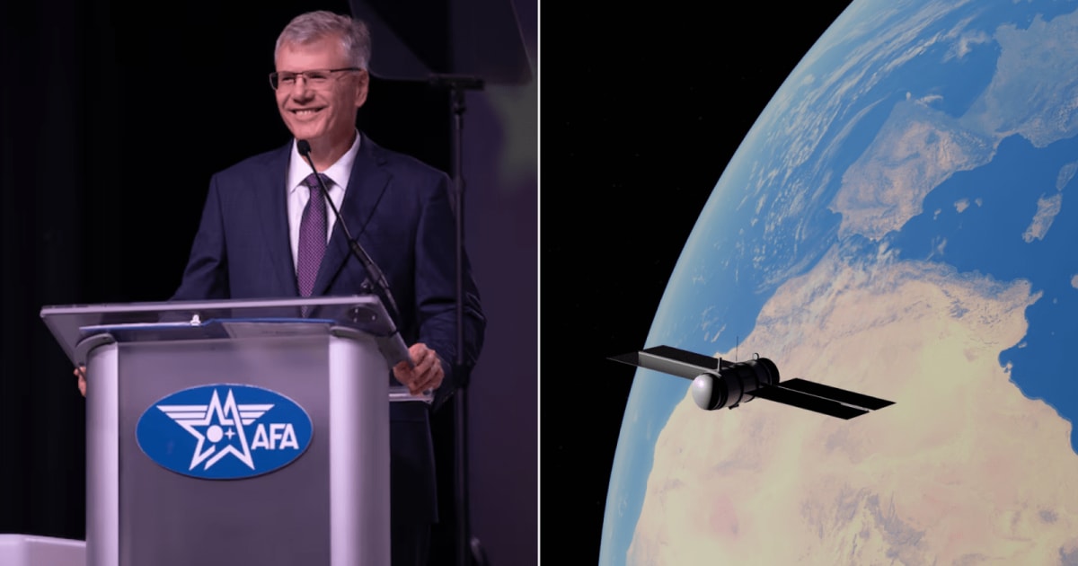 (L) Air Force Secretary Troy Meink delivers keynote address during 2026 Air, Space and Cyber Conference. (R) Illustration of a satellite orbiting Earth. (Cover Image Source: U.S. Air Force/Senior Airman Malia Heemsoth; Pexels/Zelch Csaba)