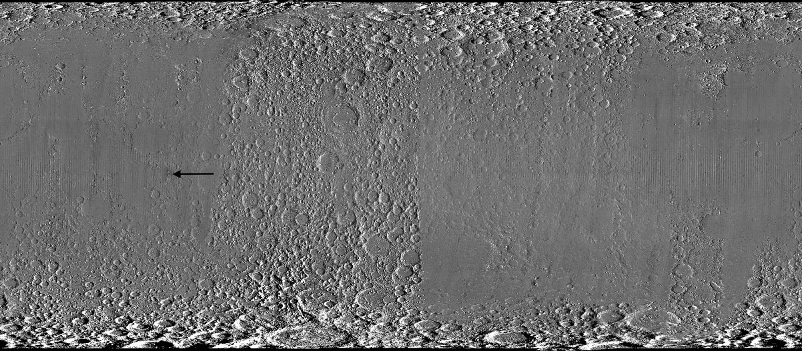 A global view of the Moon made by stitching together hundreds of images from the Wide-Angle Camera aboard NASA’s Lunar Reconnaissance Orbiter (LRO). Robert Wagner, image processing specialist for LRO, made this map using two sets of mages taken several years apart. He used a software designed to highlight any changes between the two sets. Anything that stayed the same turned gray; anything different showed up as bright or dark patches. A black arrow just left of center points to McGetchin crater.