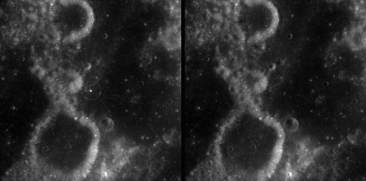 A zoomed-in view of McGetchin crater, circled on the left, next to a “before” image on the right. The panel on the left is made from images captured by NASA’s Lunar Reconnaissance Orbiter Wide-Angle Camera in summer 2025; the right panel was made from images taken in spring 2011. The white spot is not the crater itself, but rather material flung out of the crater, which formed when a rock, possibly this size of a three- to six‑story building, crashed into the Moon between April 11 and May 22, 2024 – a once-in-a-century event, as scientists reported on Sept. 15, 2026, in a pair of papers in Science Advances. The area shown in the images is 38 miles wide. NASA Goddard/Intuitive Machines/Robert Wagner
