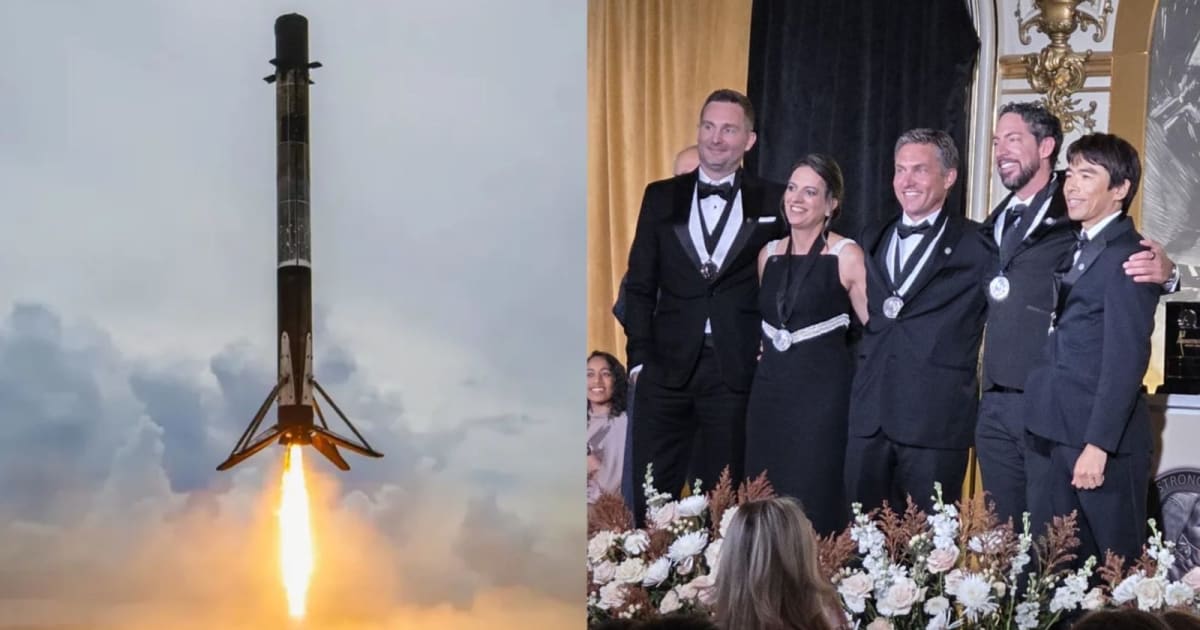 Falcon 9 booster touches down at Cape Canaveral Space Force Station on June 30, 2021 (L); Recipients of the Neil Armstrong Space Prize at the Cosmos Club in Washington, D.C. — (Cover Image Source: SpaceX/Purdue University)