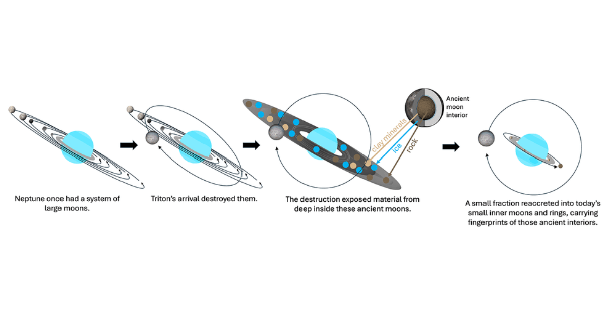 This diagram illustrates the proposed origin for Neptune's present-day inner moon and ring system. Neptune once had a system of large moons that were destroyed when Triton—a captured Kuiper Belt object—arrived. (Representative Image Source: R. Davis)
