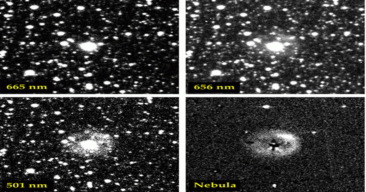 Images of Sakurai’s Object captured through different optical filters, showing the nebular material surrounding the star. (Image Source: ESO)