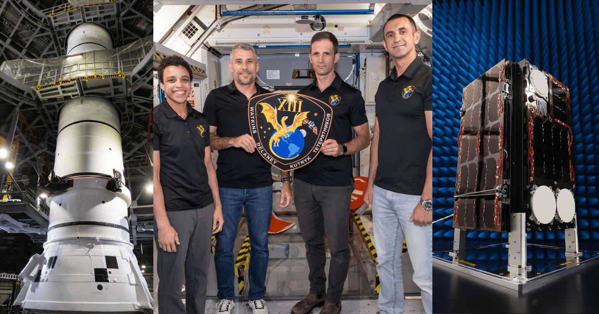 (From left) Artemis III's SLS solid rocket booster; Crew-13 crew; Celeste IOD-2 satellite (Cover Image Source: NASA | ESA)