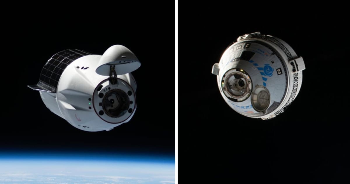 SpaceX's Dragon spacecraft approaching the International Space Station (L); Beoing's Starliner heads for docking with the ISS (R). (Cover Image Source: NASA/Boeing)