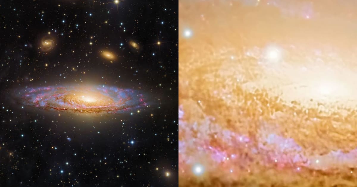The NGC 7331 photographed along with other galaxies in the Deer Lick Group (L); a zoomed-in view of NGC 7331 featuring the supernova in the center of the image (R). — (Cover Image Source: X/Instagram@Andrew McCarthy)
