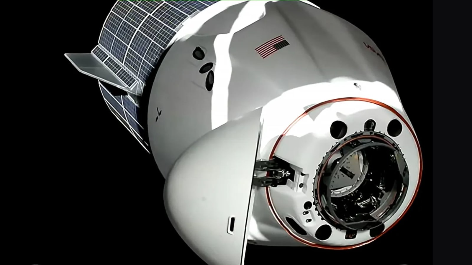 The SpaceX Dragon carrying four Crew-12 members nears the International Space Station for a docking to the Harmony module’s space-facing port.
