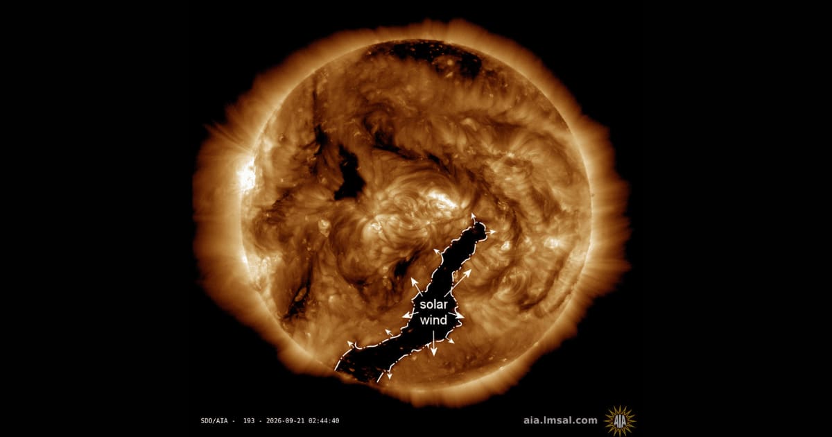 The coronal hole that released high speed streams towards Earth on September 20, 2026. (Cover Image Source: spaceweatherlive | NASA SDO)