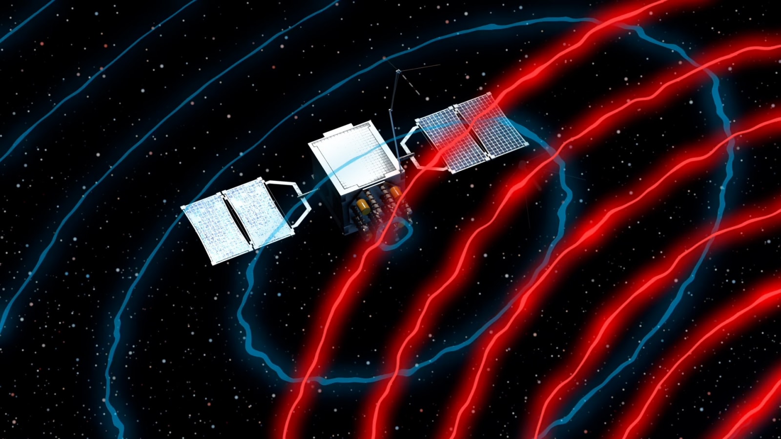 Render of a satellite being struck by electromagnetic waves. (Representative Image Source: SSC USSF)