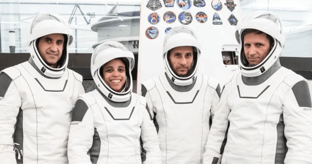 Crew-13 team at SpaceX’s headquarters. From left:  Roscosmos cosmonaut Sergey Teteryatnikov, NASA astronauts Jessica Watkins and Luke Delaney, and CSA astronaut Joshua Kutryk. (Cover Image Source: X/NASA's Kennedy Space Center; Resized by Starlust staff)
