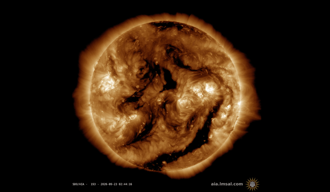 Solar wind from the canyon shaped coronal hole towards the bottom of the Sun may trigger a G1 storm on September 24.