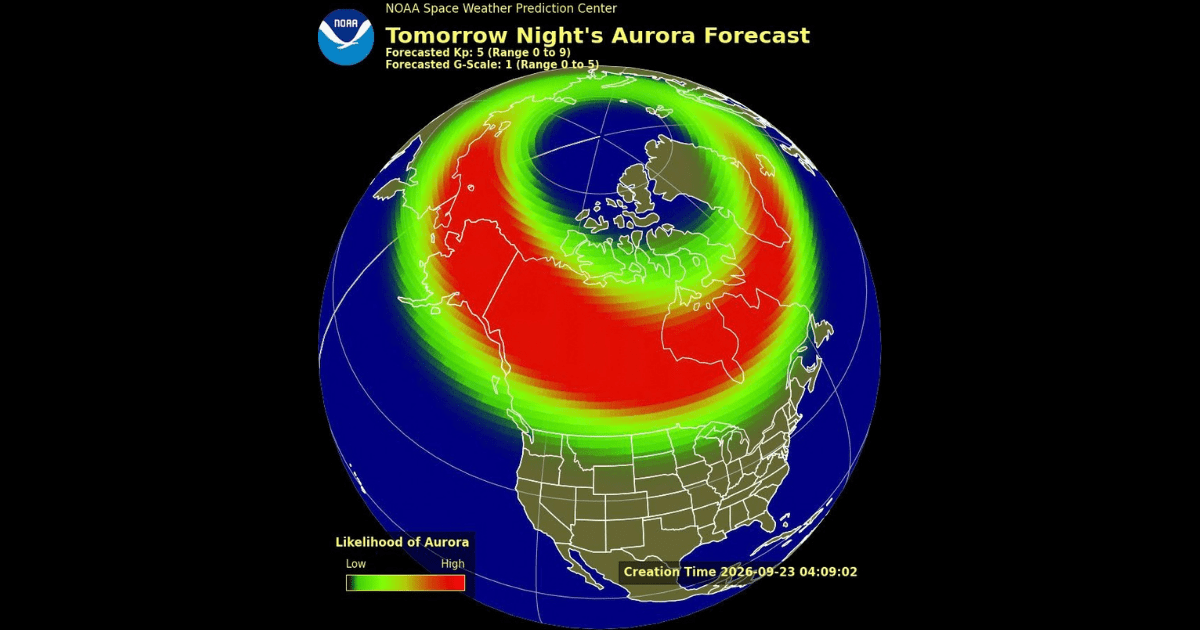 Extent of aurora views, with red indicating the most likely occurrence of the spectacular event. (Representative Image Source: NOAA SWPC)
