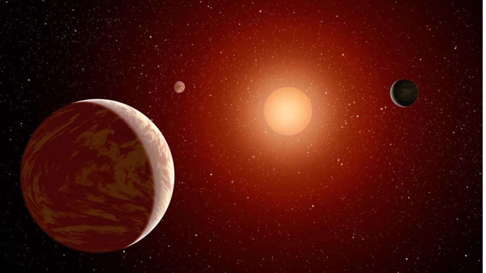 An illustration of three rocky exoplanets orbiting a star.