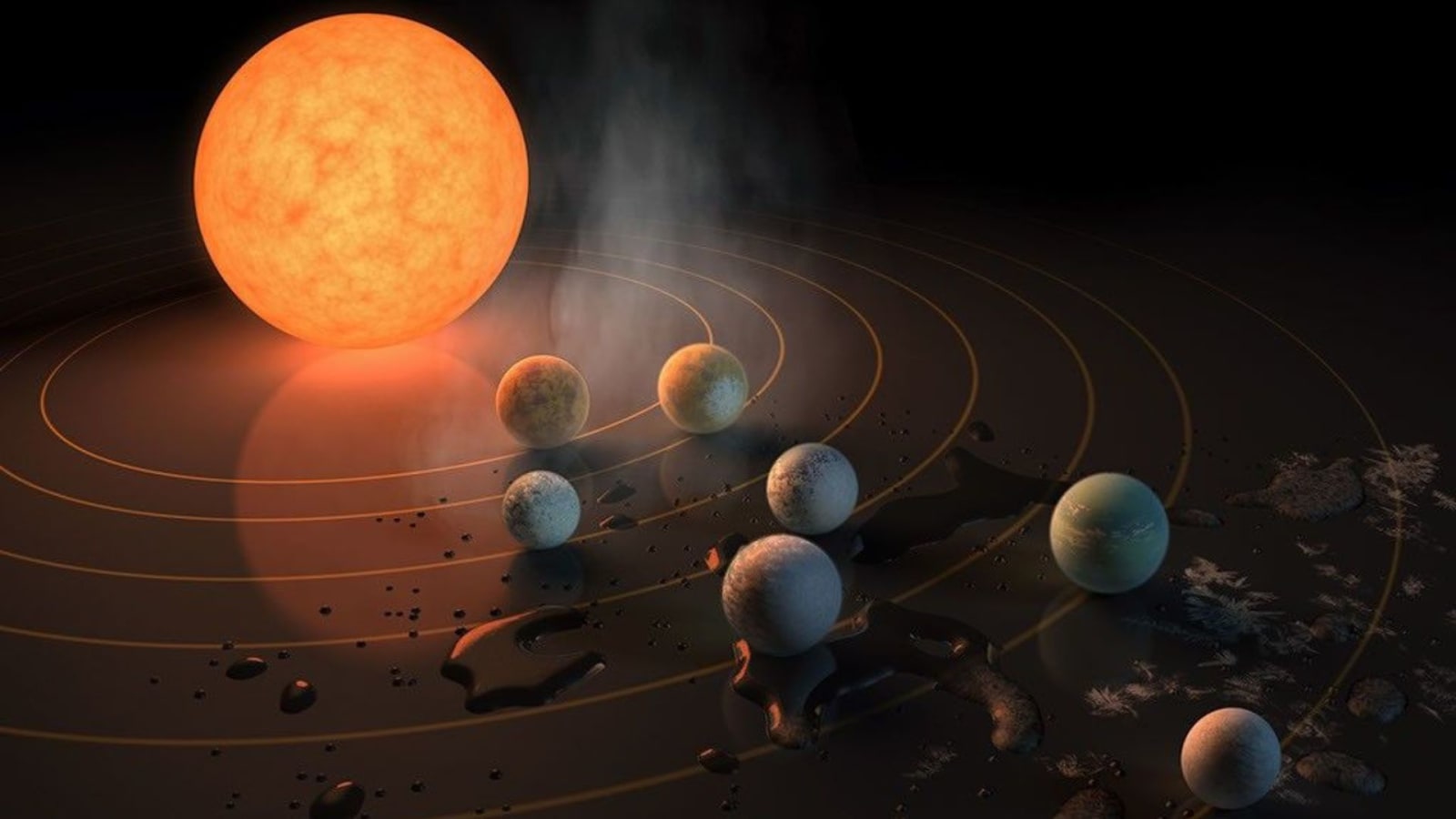 This artist's concept features the nearby star TRAPPIST-1, an ultra-cool dwarf, with seven Earth-sized planets orbiting it.