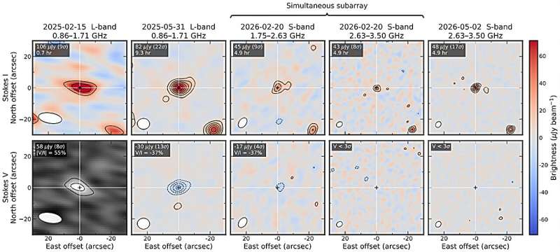 Radio detections of β Pic b in four observing sessions and at two frequency bands (Image source: arXiv (2026). DOI: 10.48550/arxiv.2609.16720)