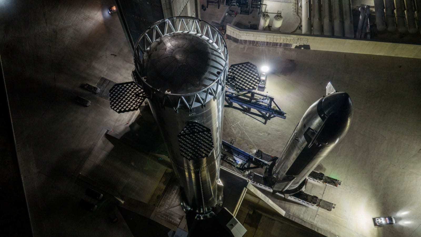 The Super Heavy Booster and Ship 41 ready for stacking at the launch pad at Starbase, Texas.