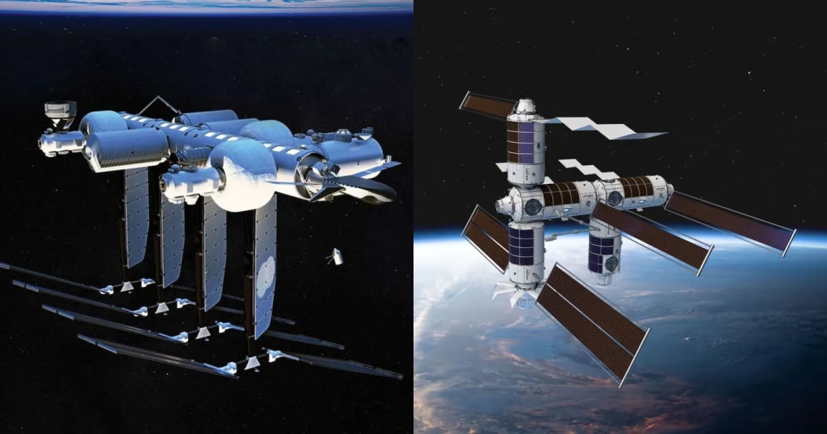Artist's concept of Blue Origin and Sierra Space's Orbital Reef and Axiom Space's Axiom Station flying above Earth. (Representative Cover Image Source: Sierra Space/Axiom Space)
