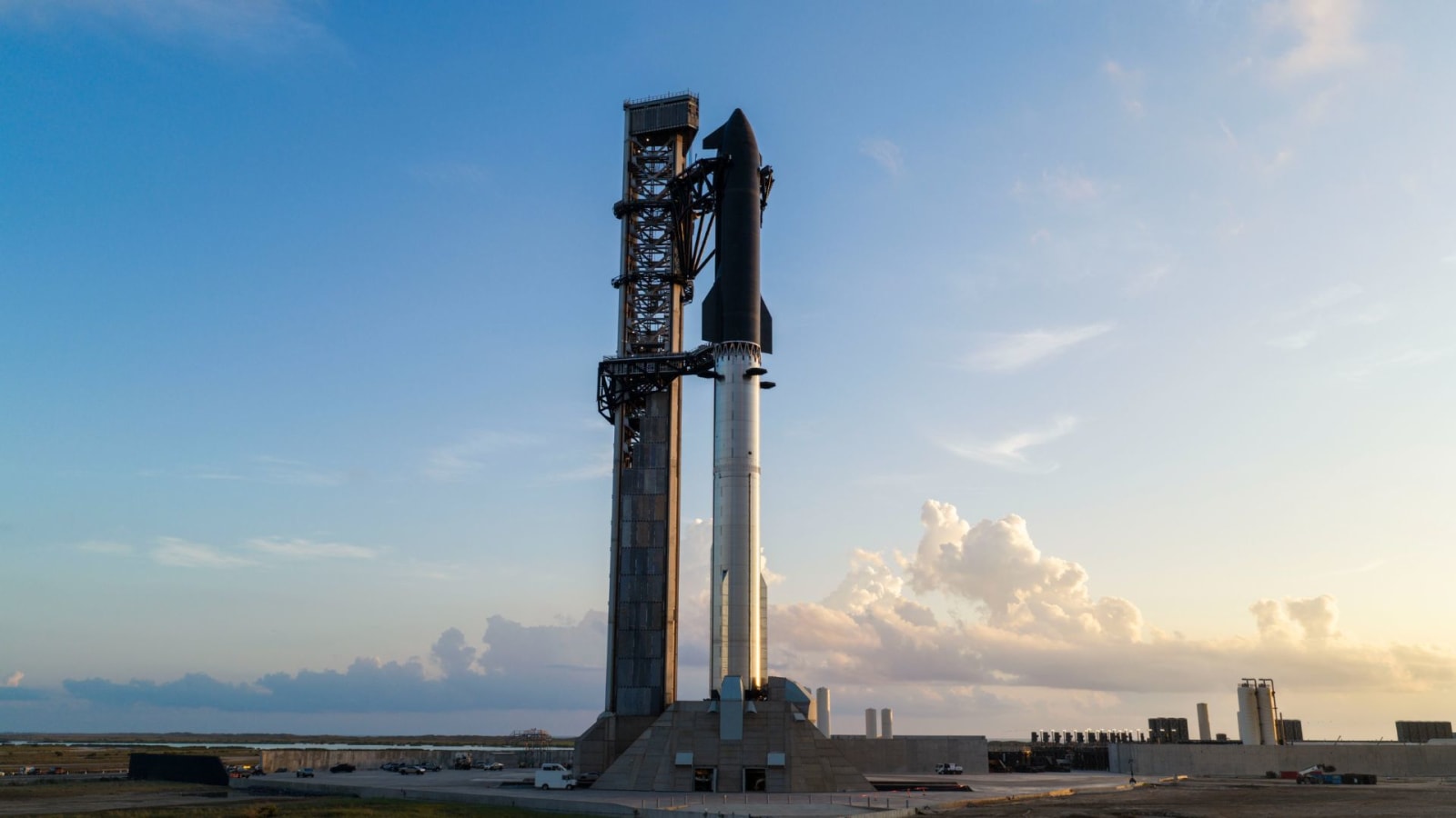 Starship photographed during sunrise at the launch pad at Starbase, Texas.